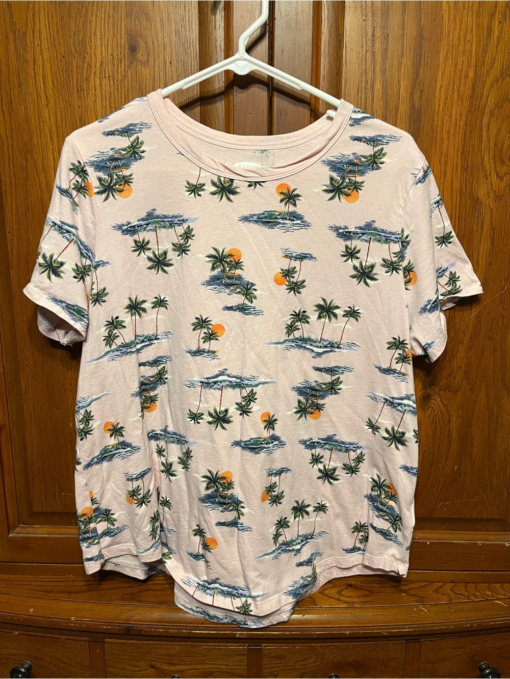 Old Navy Light Pink Tropical Palm Print Short Sleeve Tee